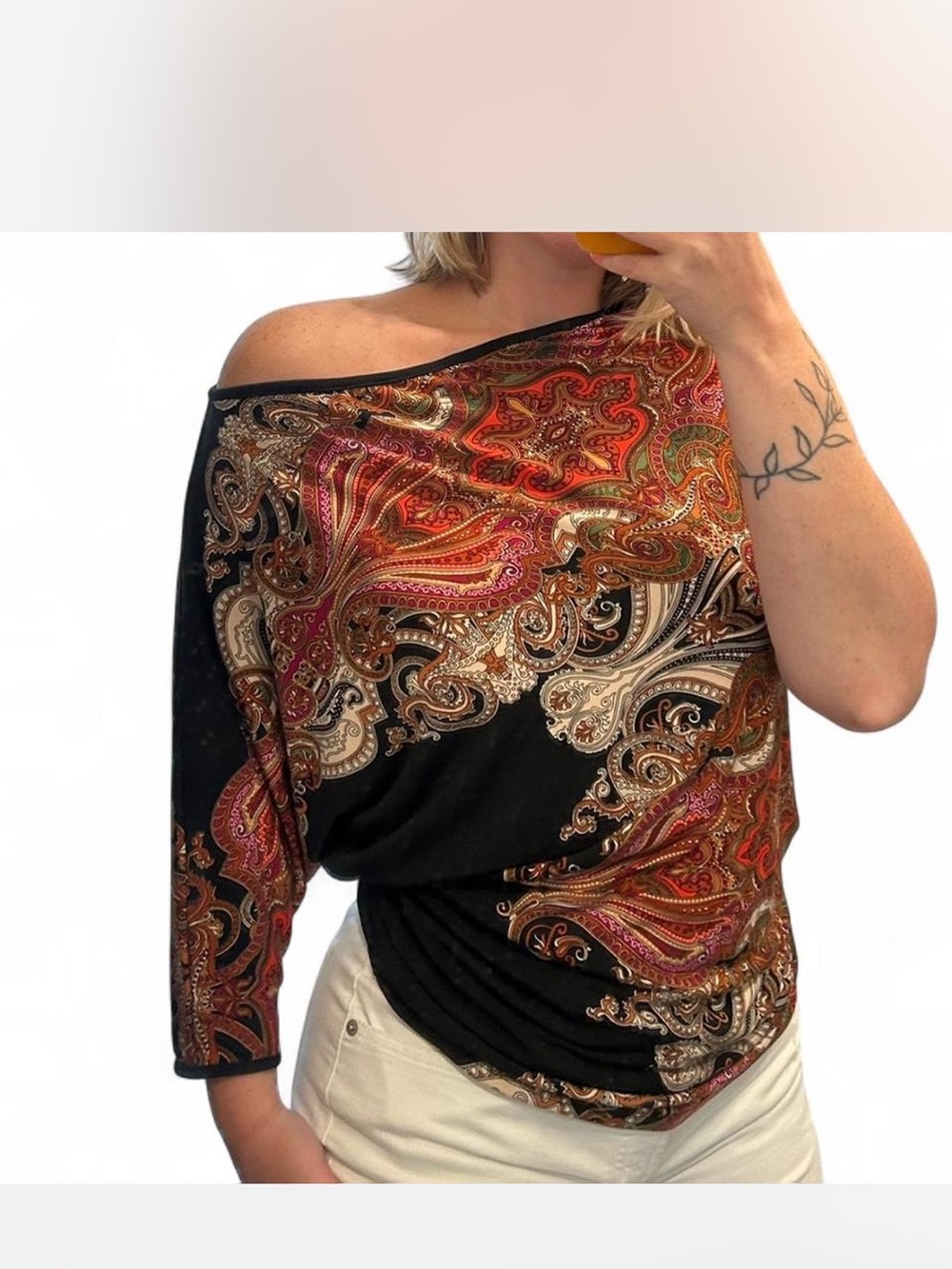 Joseph Ribkoff Black Off-Shoulder Paisley Top with Red and Gold Accents